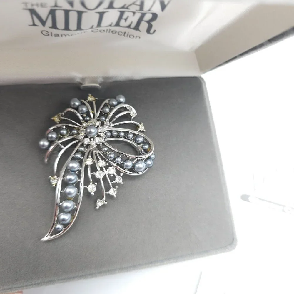 Nolan Miller Glamour Collection Brooch With Faux Gray Pearl Crystal in Box